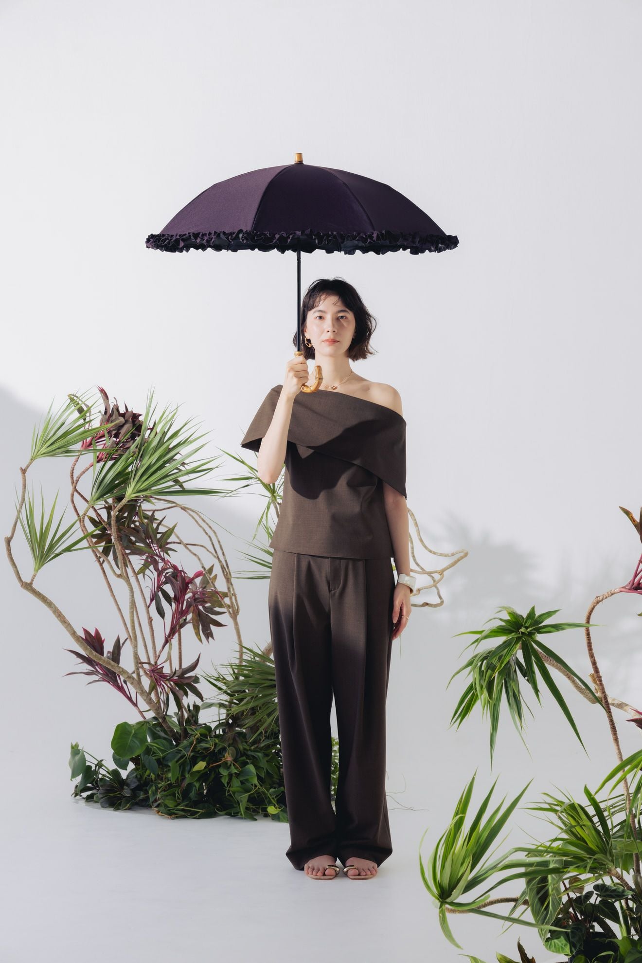 完全遮光100% 2段2WAY 折りたたみ日傘/フリル(50cm)