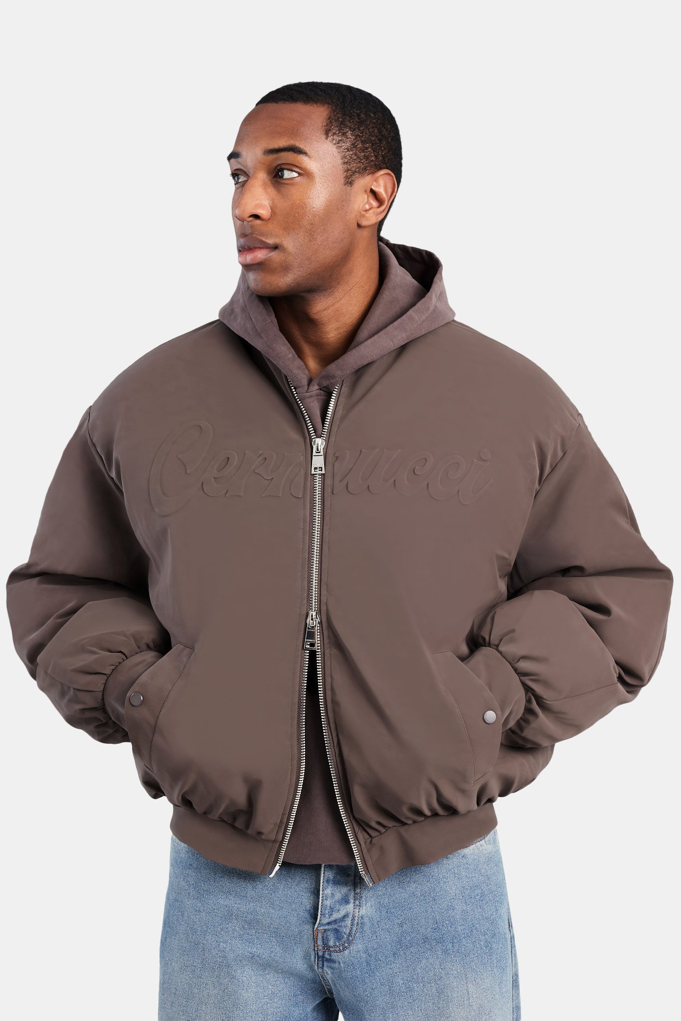 Cernucci PU Puffer Bomber Jacket - Brown | Mens Outerwear | Shop