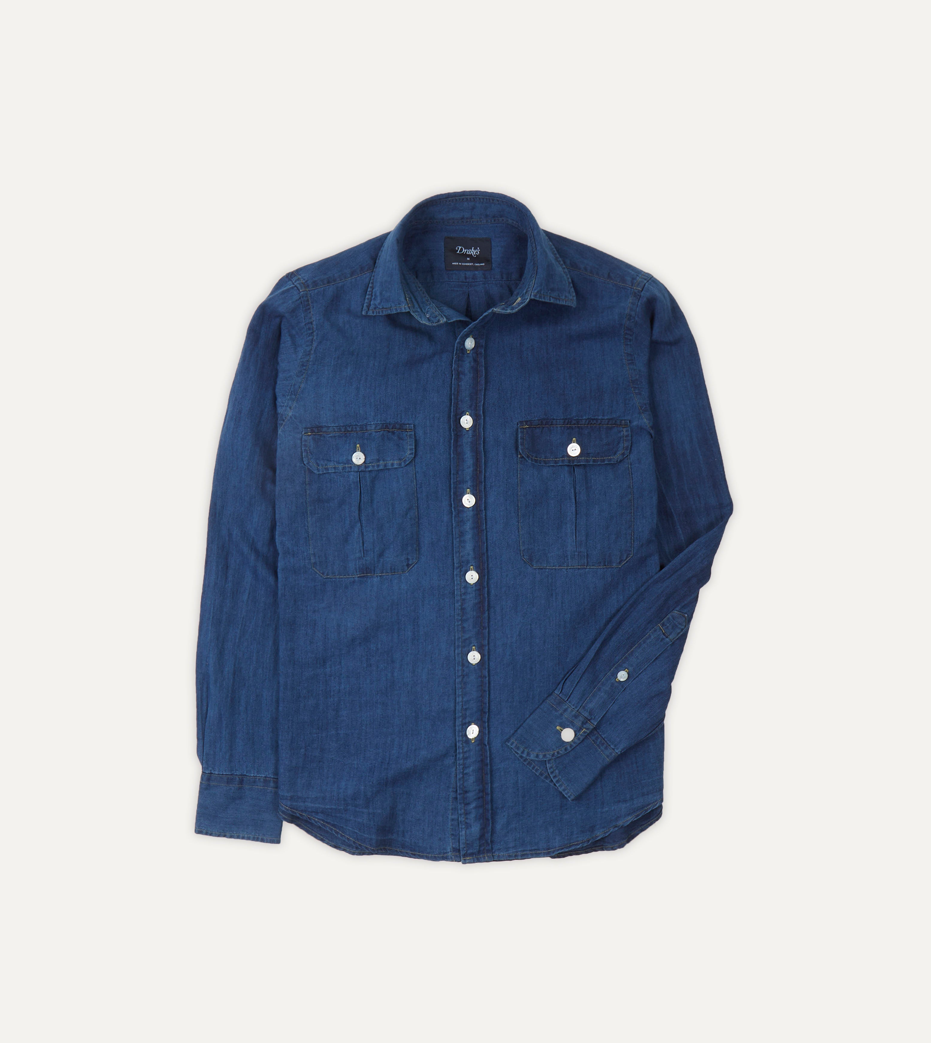 Blue Cotton Linen Two-Pocket Work Shirt – Drakes US