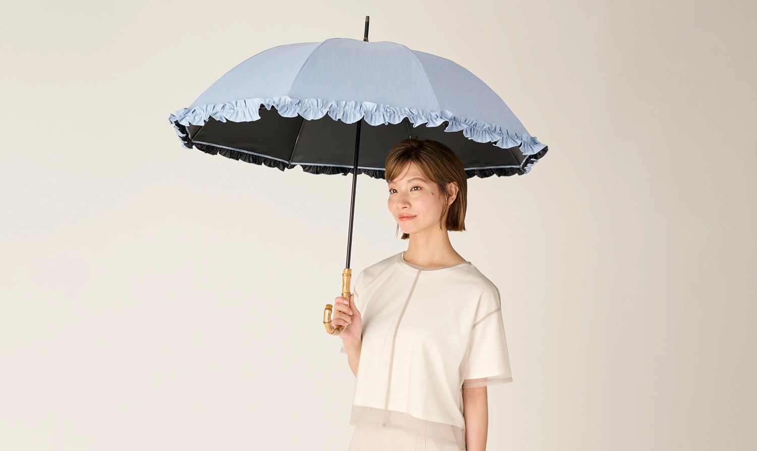 Mサイズ フリル / フロスト | 完全遮光日傘｜サンバリア100