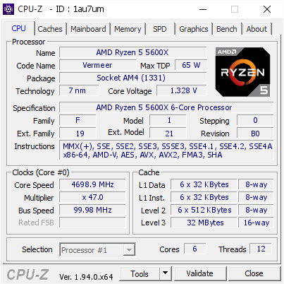 AMD Ryzen 5 5600X @ 4698.9 MHz - CPU-Z VALIDATOR