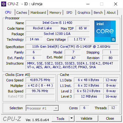 Intel Core i5 11400 @ 4189.75 MHz - CPU-Z VALIDATOR
