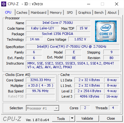 Intel Core i7 7500U @ 3290.33 MHz - CPU-Z VALIDATOR
