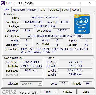 Intel Xeon E5-2699 v4 @ 2364.22 MHz - CPU-Z VALIDATOR