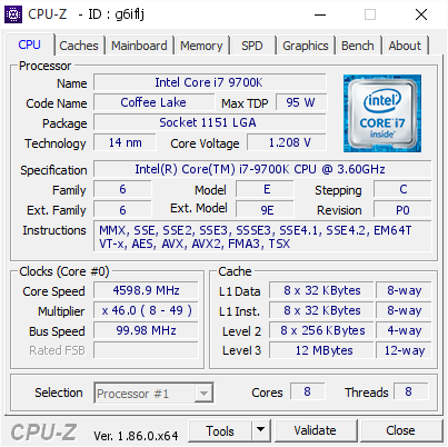 Intel Core i7 9700K @ 4598.9 MHz - CPU-Z VALIDATOR