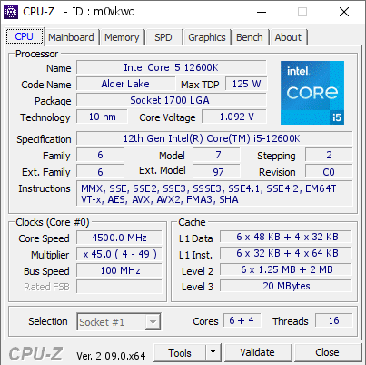 Intel Core i5 12600K @ 4500 MHz - CPU-Z VALIDATOR