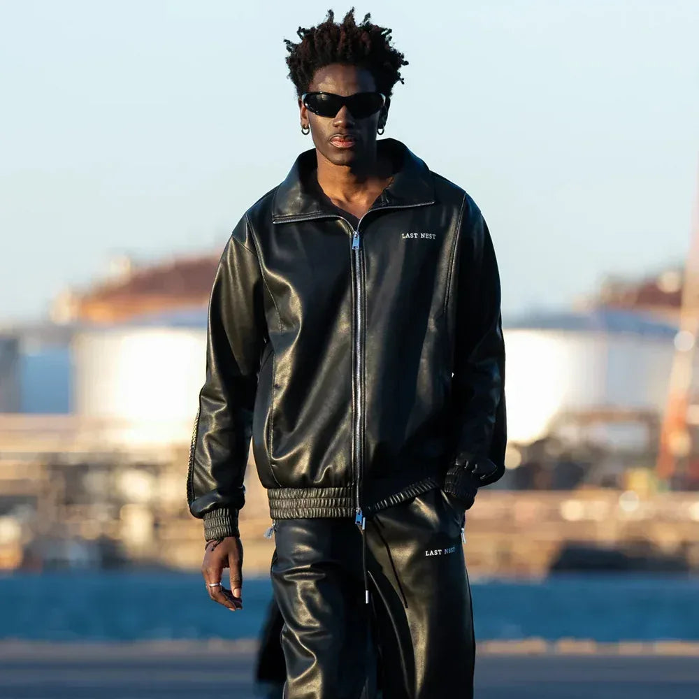 LAST NEST Product Page - Faux Leather Track Pants - Black - VENTURER