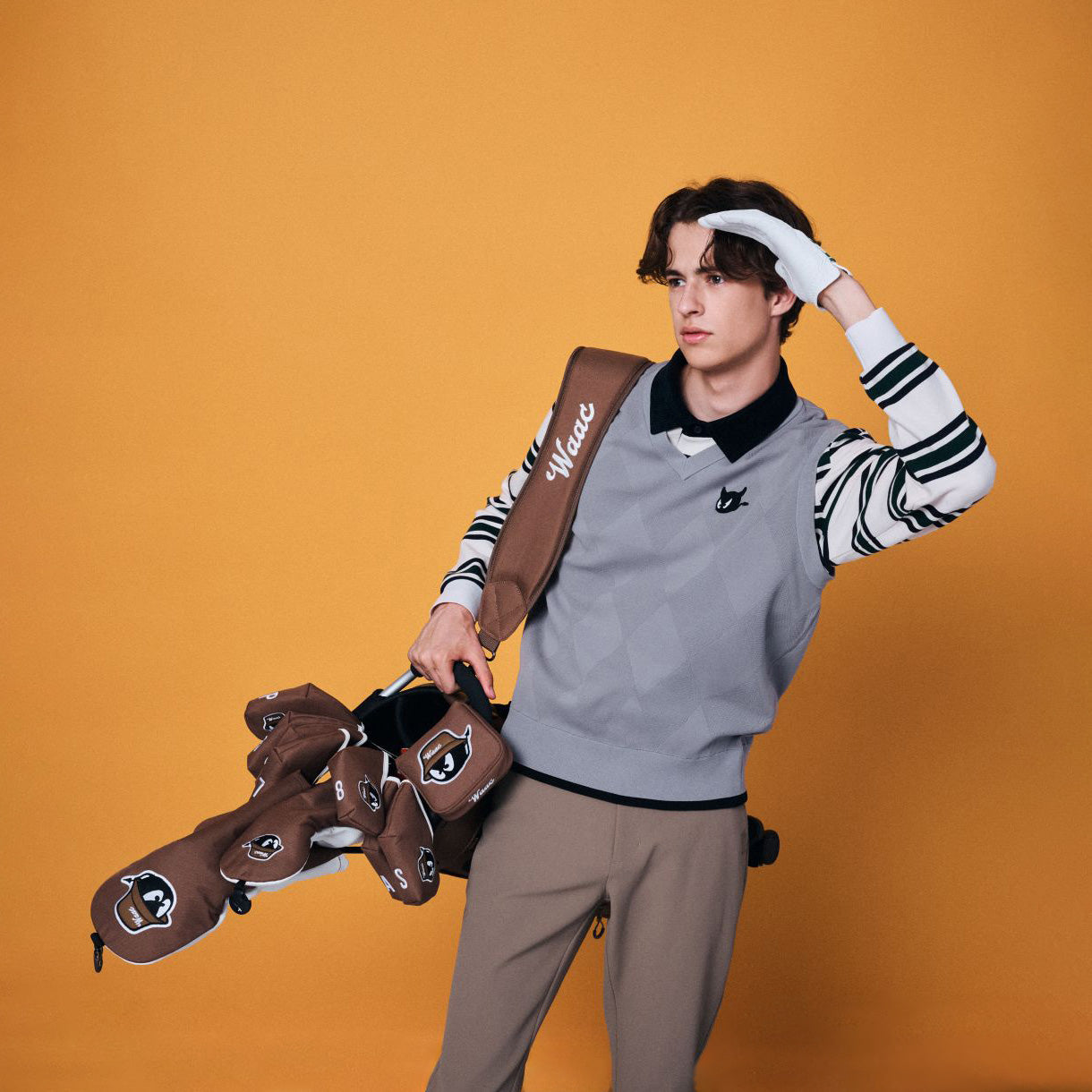 MEN ストライプパターンポロシャツ ダークグリーン