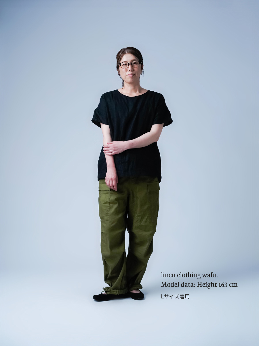 リネントップス】ドロップショルダー 背中ギャザー リネンブラウス