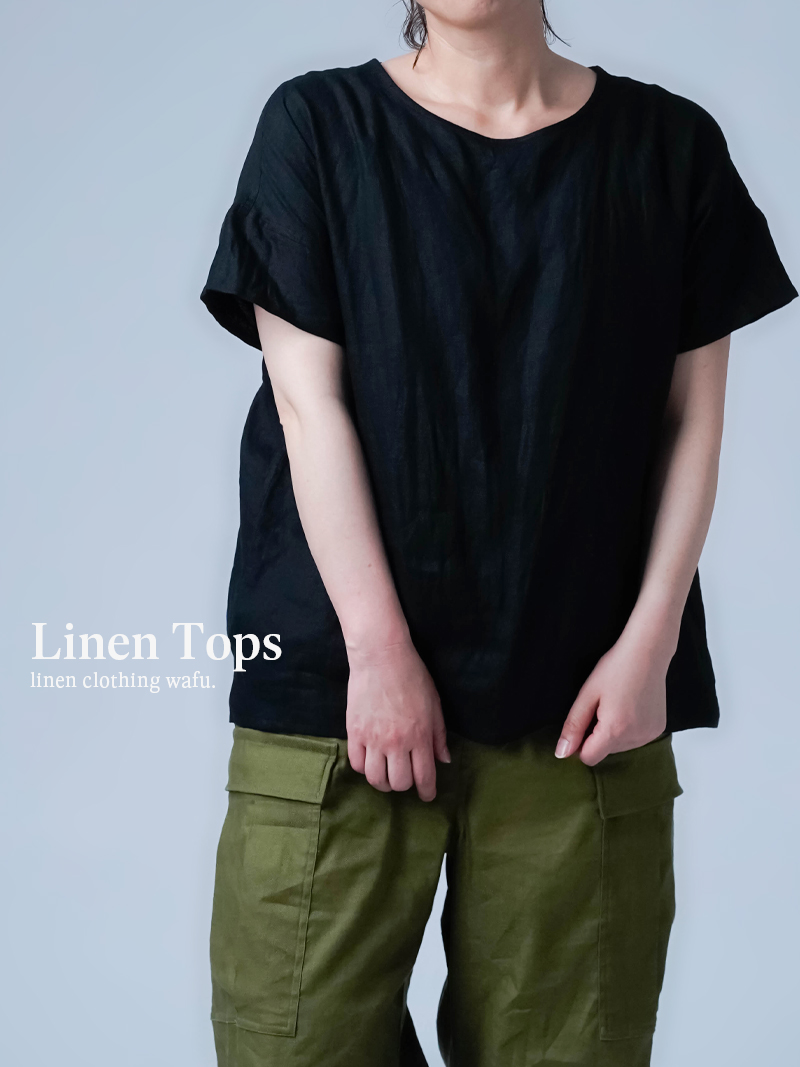 リネントップス】ドロップショルダー 背中ギャザー リネンブラウス