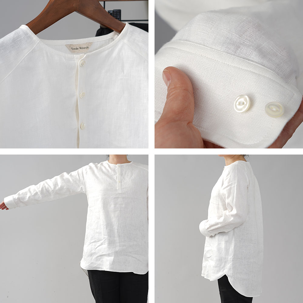 男女兼用 中厚地 リネンシャツ ラグラントップス ヘンリーネック