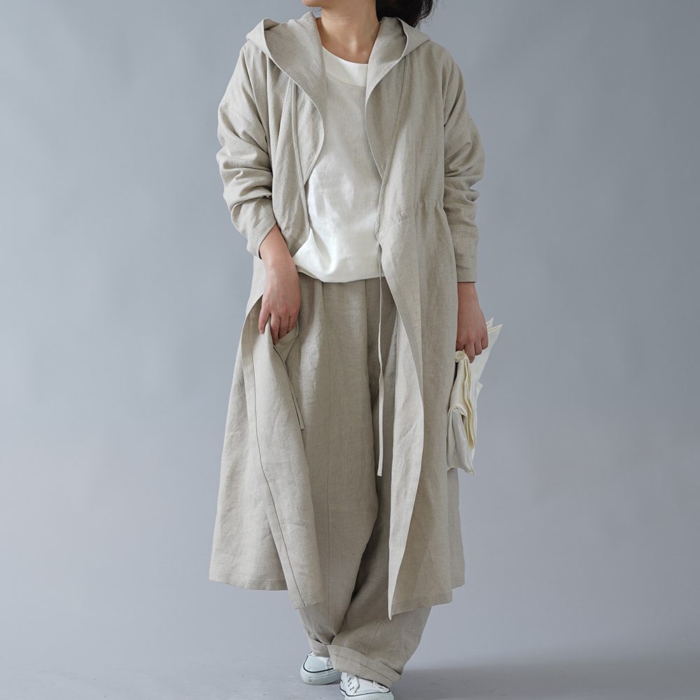 wafu】中厚 リネン カシュクール フードコート ロング丈 長袖