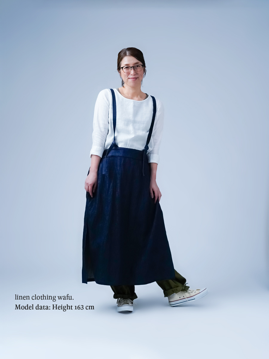 リネンデニムタブリエ】 魔法のエプロンスカート ／ ダークインディゴ