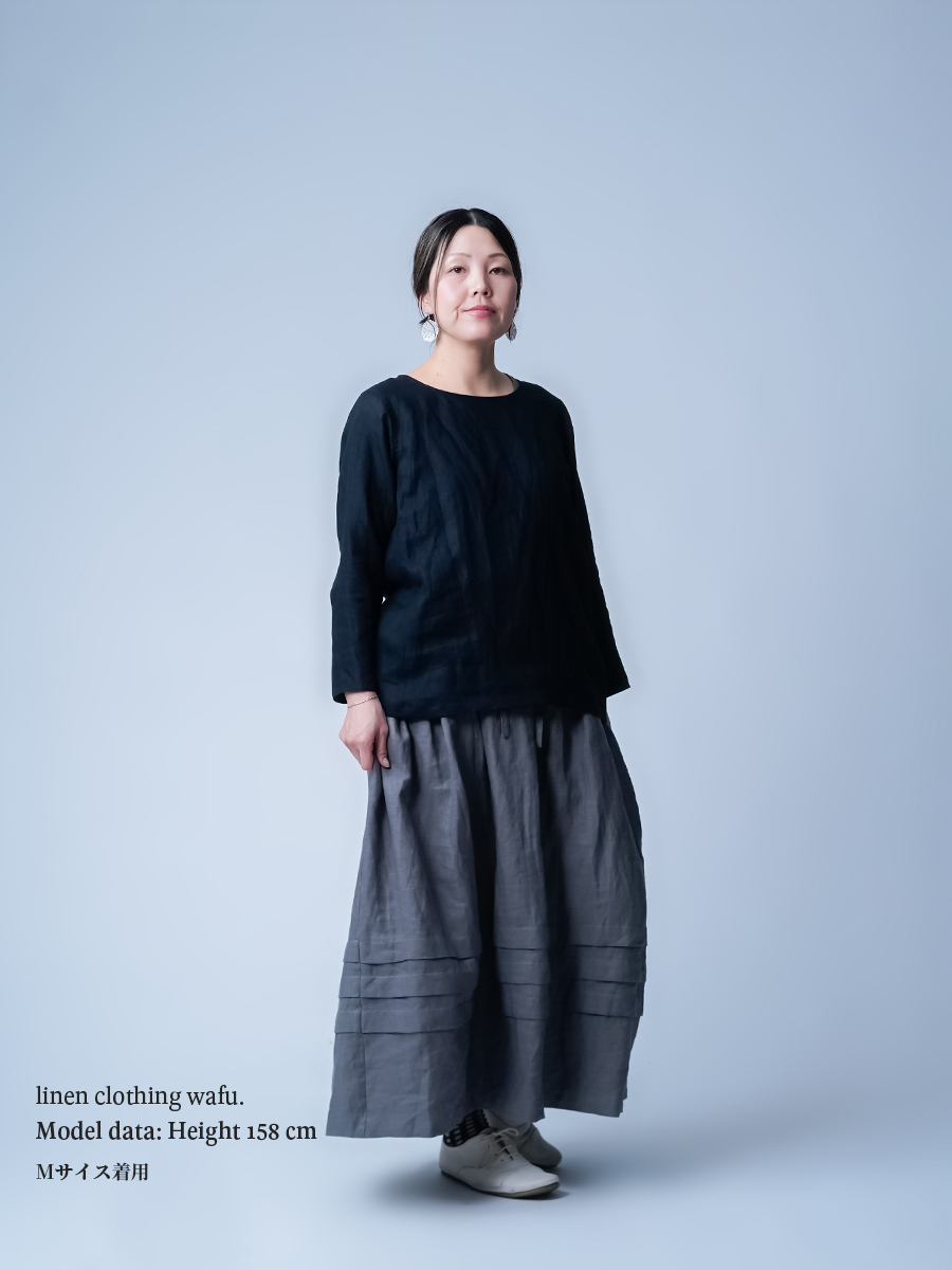 プレミアム】リネントップス 丸首 トップス 薄地 ／ ランプブラック