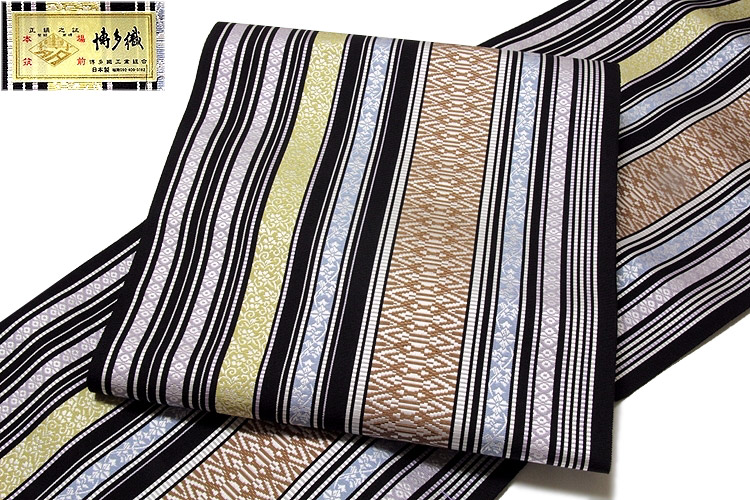 本場筑前博多織 【井上絹織謹製：金印】 黒色 献上唐花 縞柄 八寸 正絹