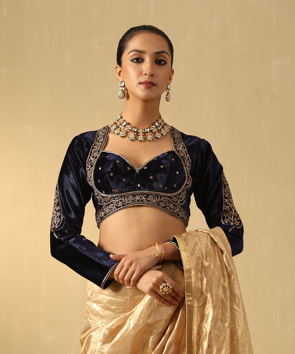 Navy Blue Hand Embroidered Zardozi Silk Velvet Blouse With Resham