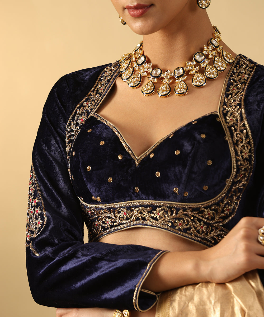 Navy Blue Hand Embroidered Zardozi Silk Velvet Blouse With Resham