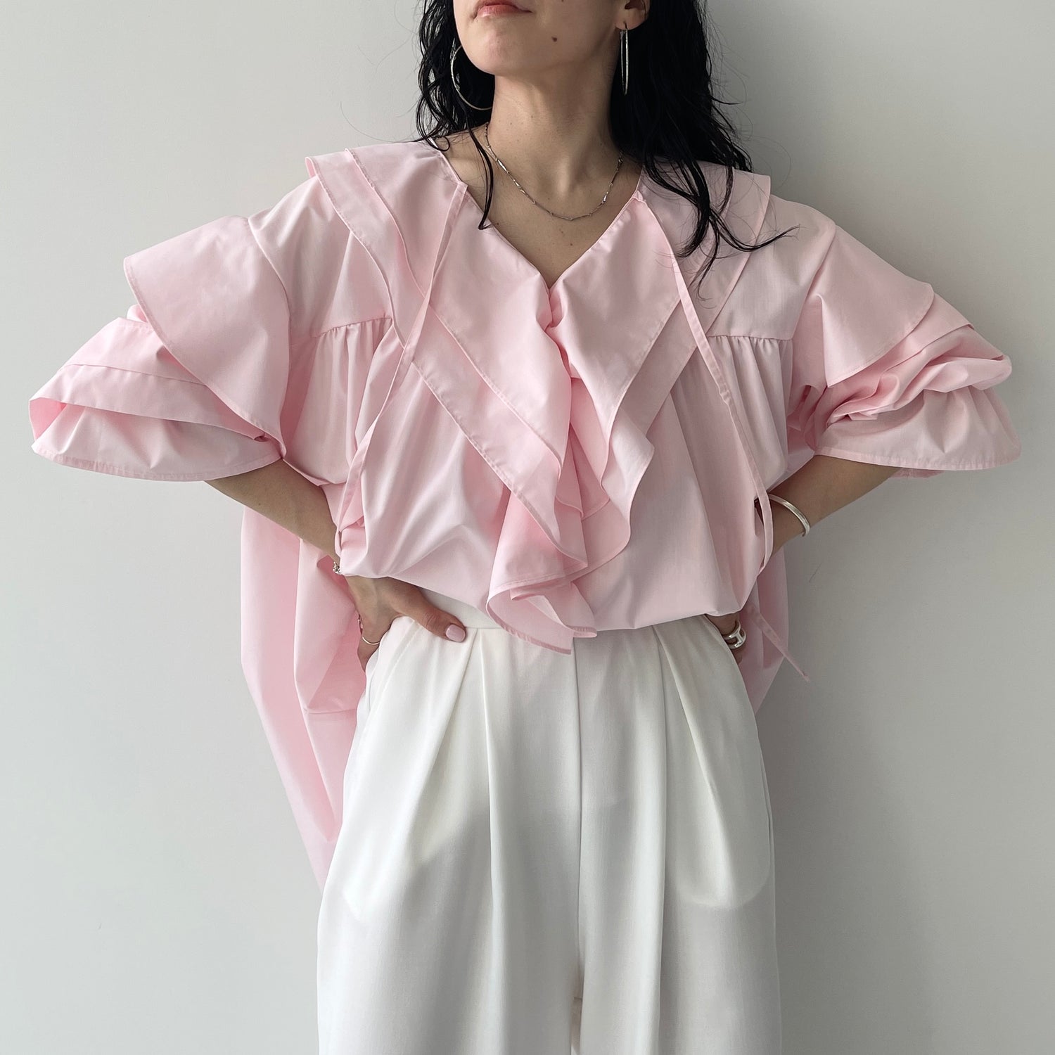 big collar frill blouse / baby pink （ビッグカラーフリルブラウス