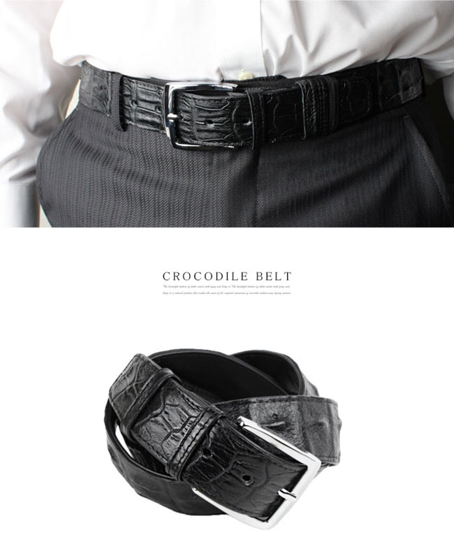 クロコダイル バックボーン レザーベルト ピンバックル シルバー