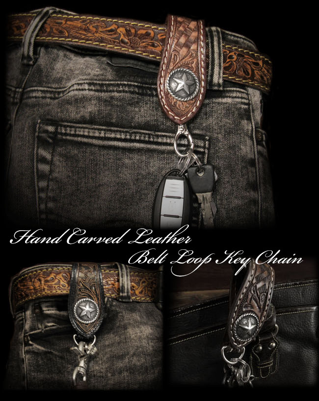 カービングレザー ベルトループ キーホルダー 本革 コンチョ付き