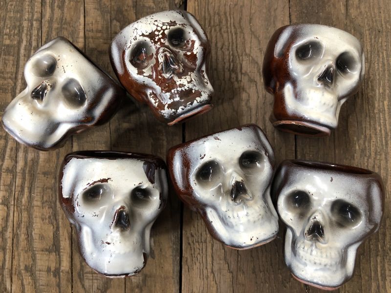 50s Vintage JAPAN Skull Poison Bottle Decanter Shot Glass SET