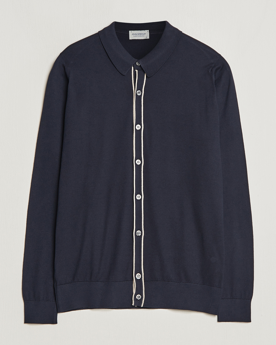 John Smedley Shadow Tipped Sea Island Cotton Cardigan Navy at