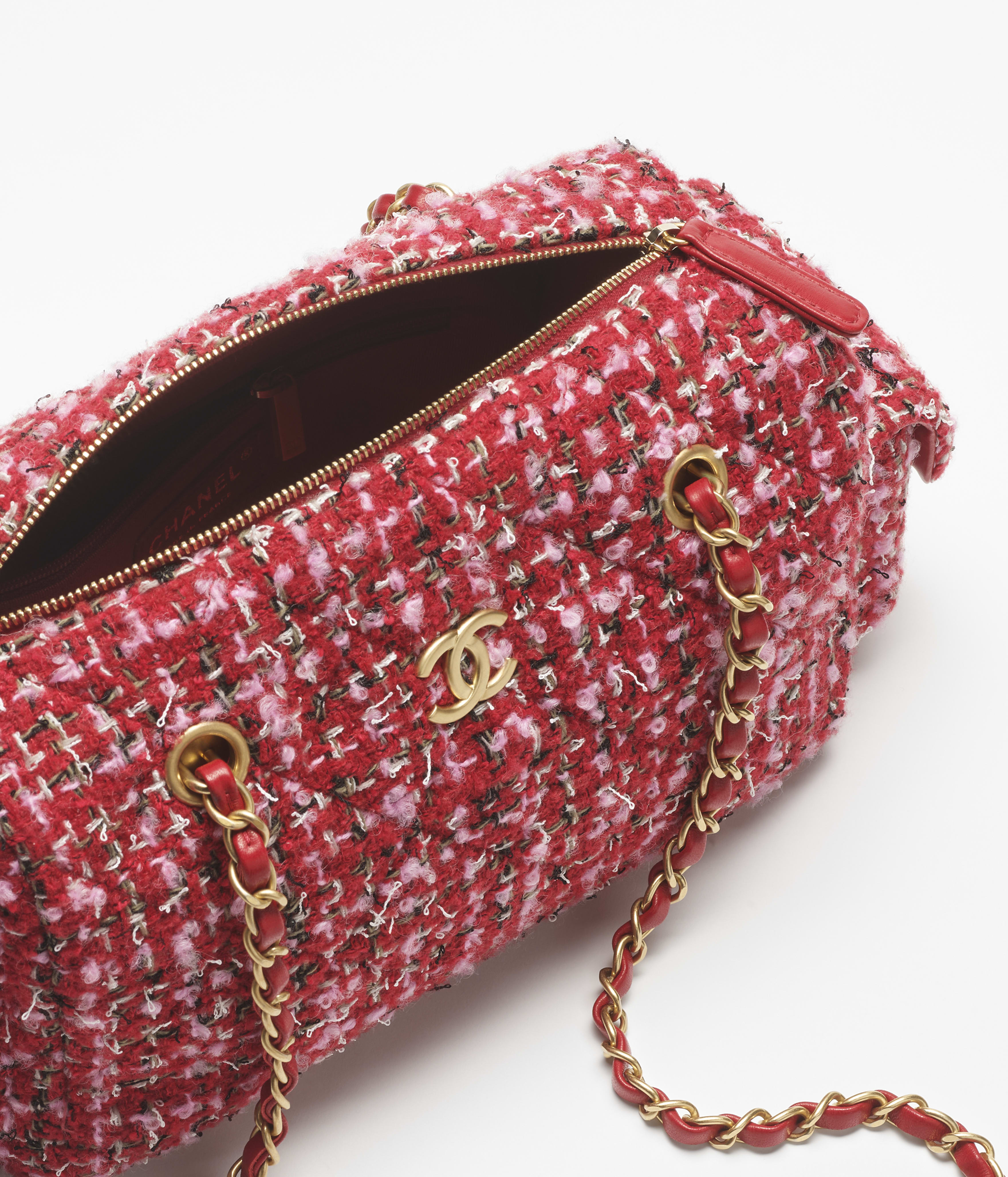 スモール ボーリング バッグ、ツイード、レッド、ピンク & ブラック