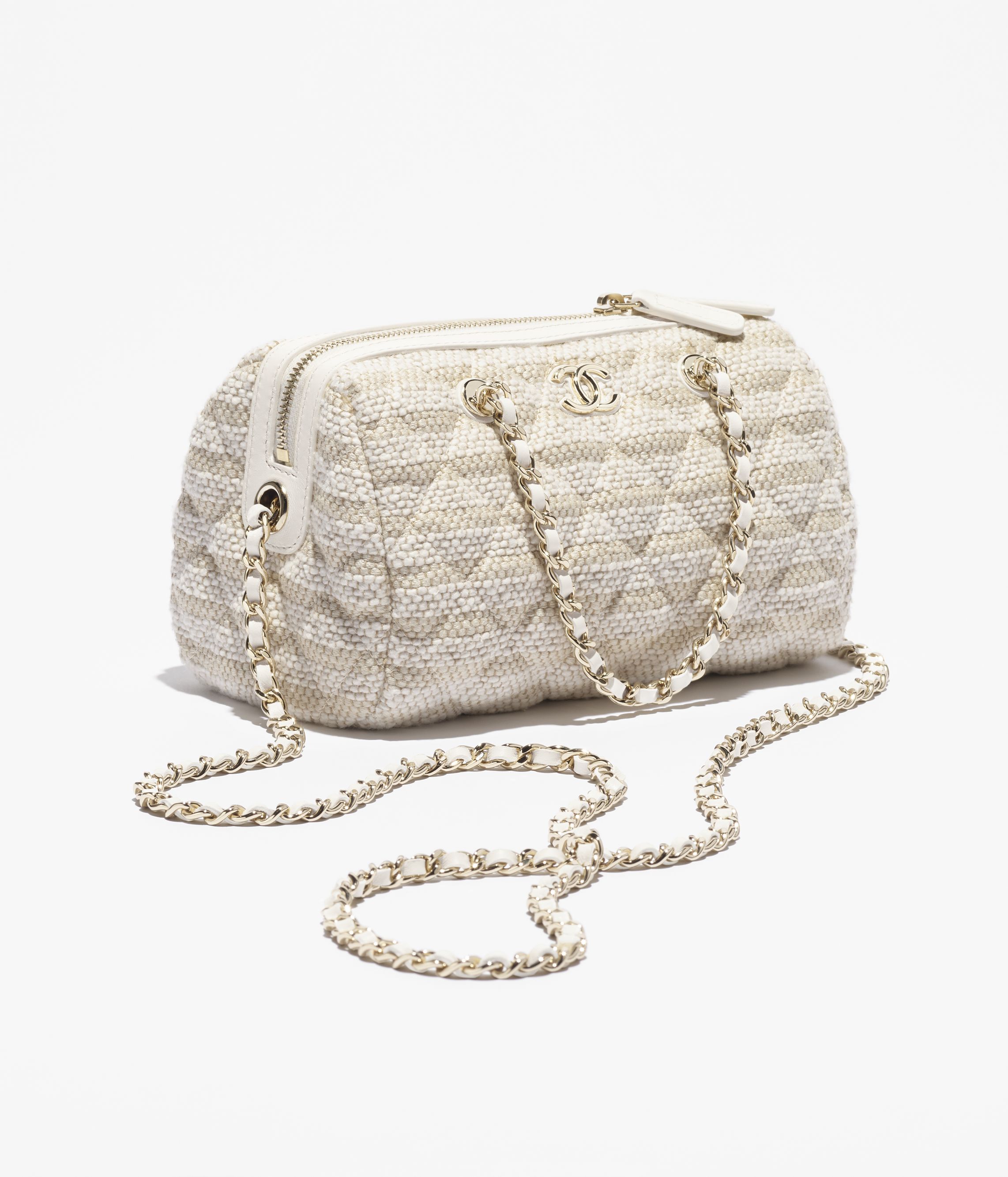 チェーン クラッチ バッグ - プリント ファブリック、ベージュ