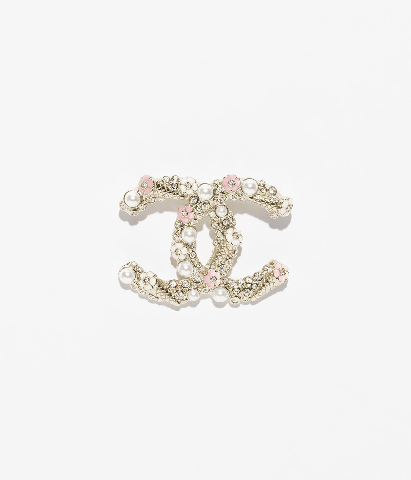 Brooch - Metal, resin, glass pearls & strass, gold, pink, pearly