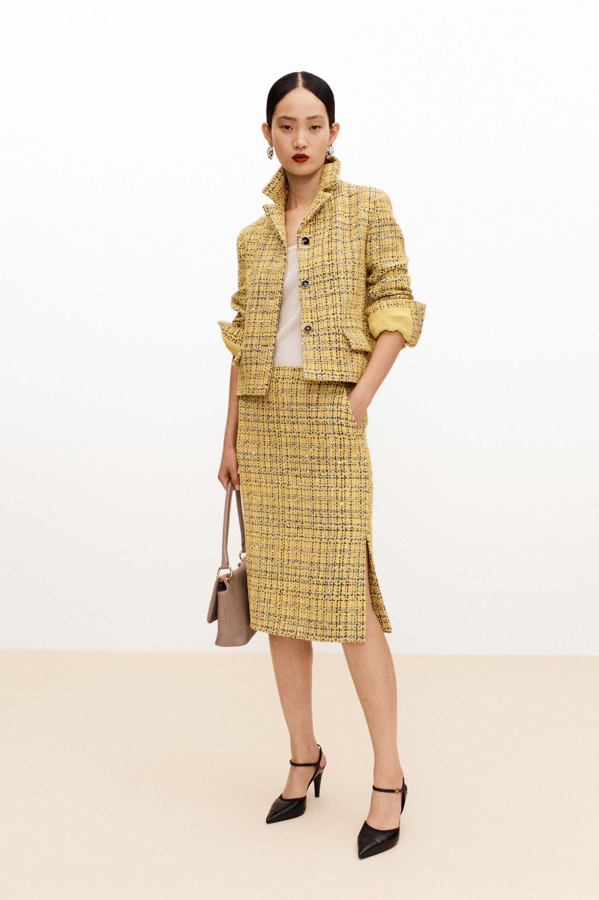 Jacket - Cotton tweed, yellow, navy blue & silver — Fashion | CHANEL