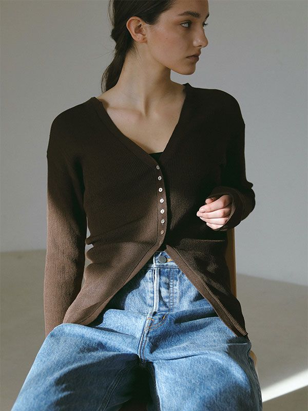 ETRE TOKYO - シアーリブニットカーディガン - ブラウン | ADDICT WEB SHOP