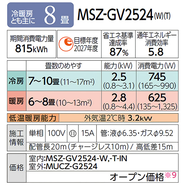 MSZ-GV2524-W 三菱電機 ルームエアコン 霧ヶ峰 GVシリーズ おもに8畳