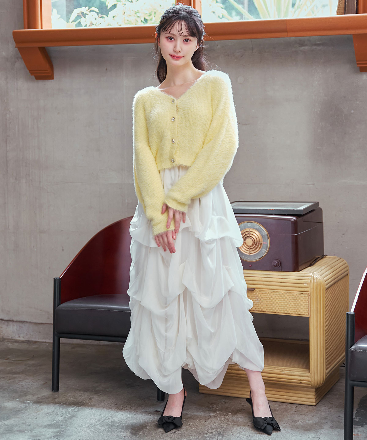 タックバルーンボリュームシフォンロングスカート(F オフホワイト