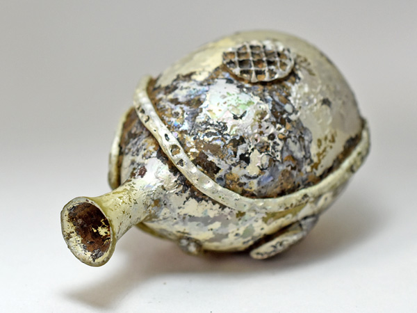 1908】古代ローマングラス装飾付濃厚銀化瓶 ボトル(高さ約9.0Cm