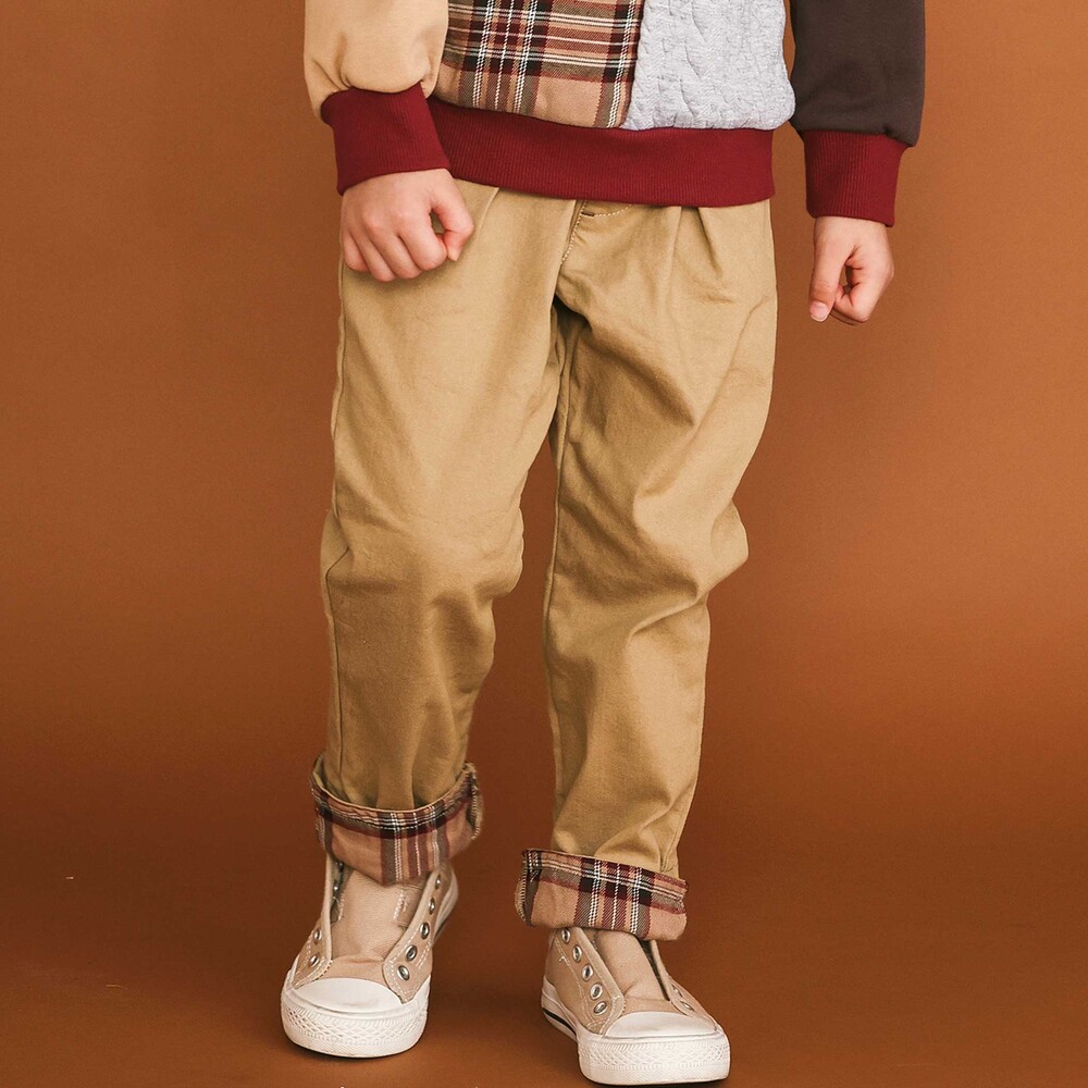 裏微起毛】折り返し裾チェックロングパンツ(80~130cm)(80cm ベージュ