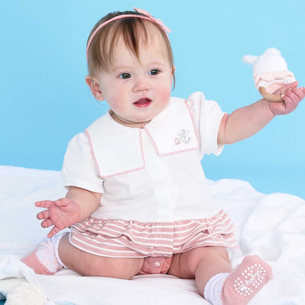 セーラー襟切り替えボーダーフリルマリン風ロンパースベビー(60~80cm