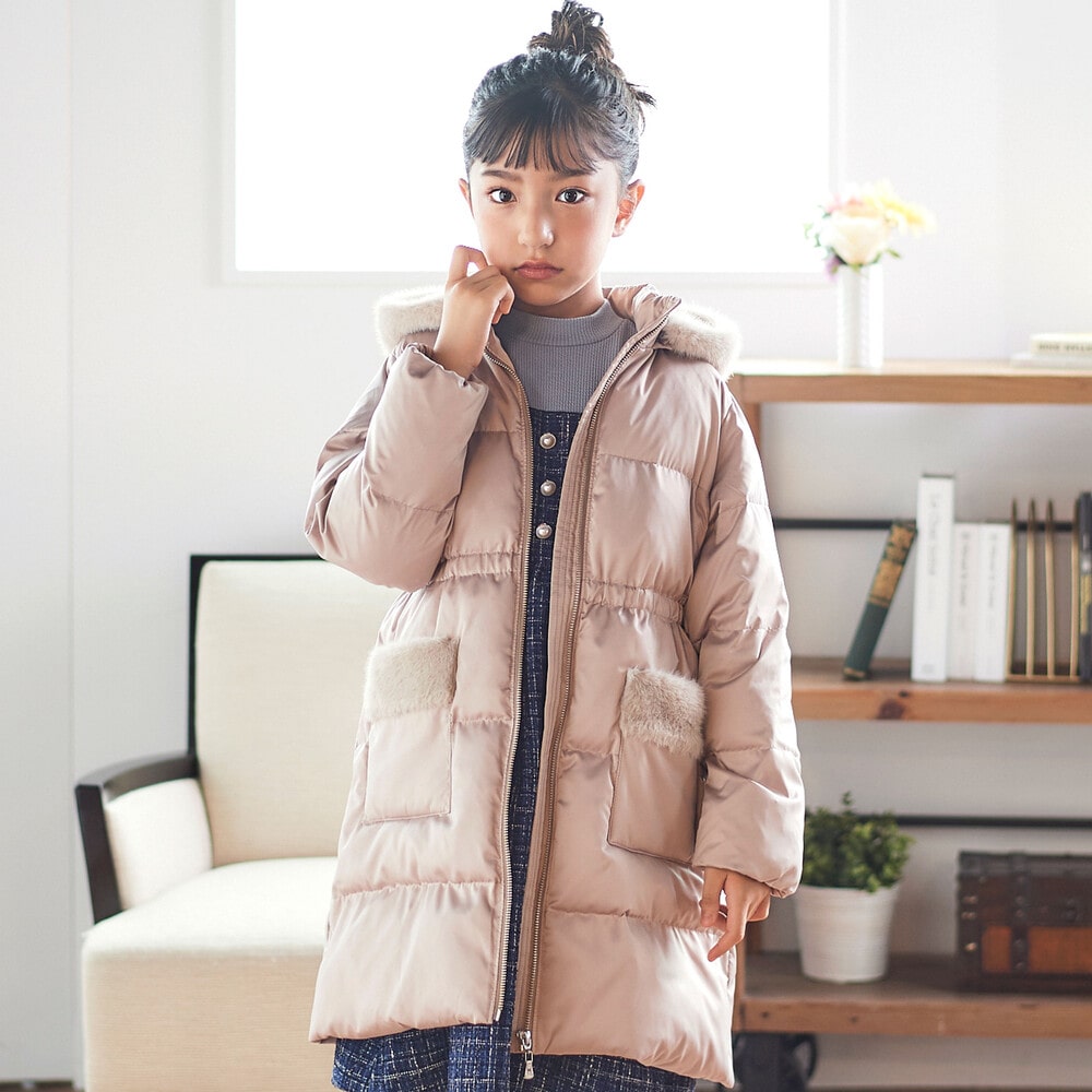 撥水加工】タフタウエストギャザーファーフード中綿コート(100~160cm