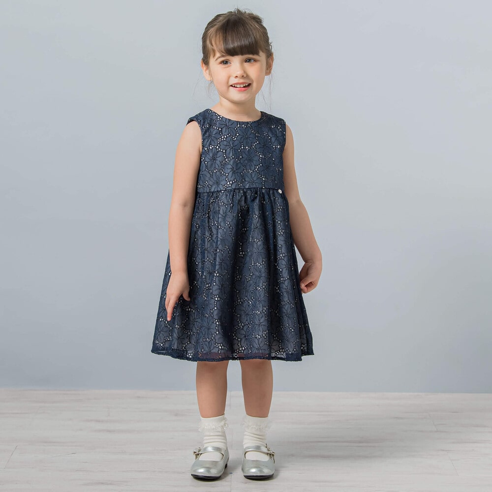 日本製】シフォンラメ刺しゅう花柄ドレス(100~140cm)(100cm ネイビー系