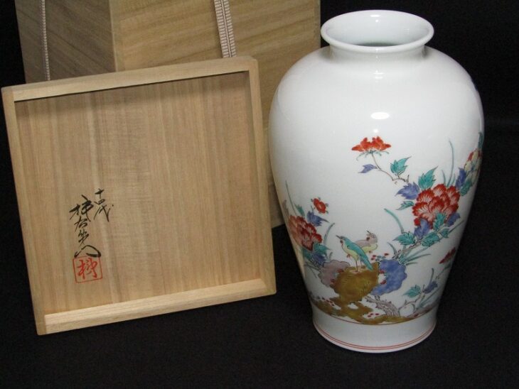 有田焼 十四代酒井田柿右衛門 錦 撫子文 一輪生 共箱 有田焼 十四代柿