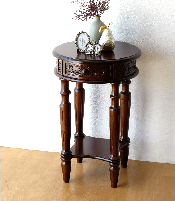 アンティーク調 コンソールテーブル 木製 玄関 花台 飾り台 円形 丸