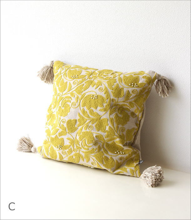 クッションカバー 45×45cm おしゃれ 刺繍 綿100% タッセル ファスナー