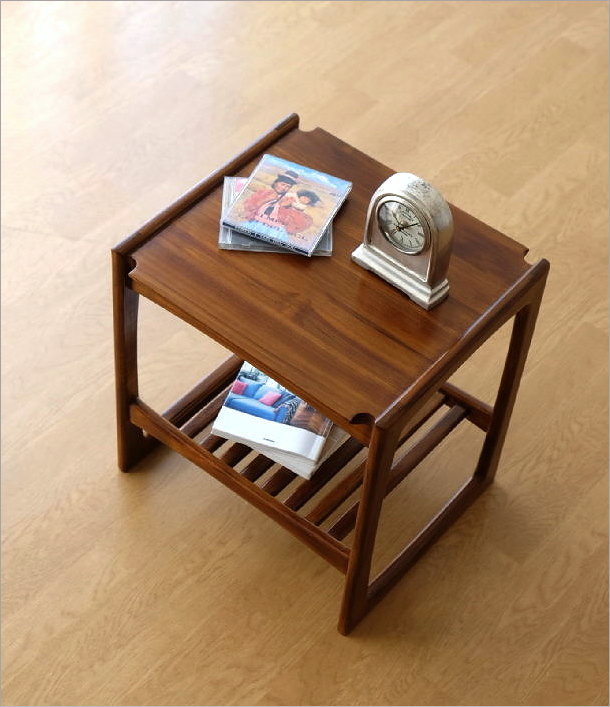 サイドテーブル チーク 無垢材 天然木 ウッド 下棚付き 木製 ロー