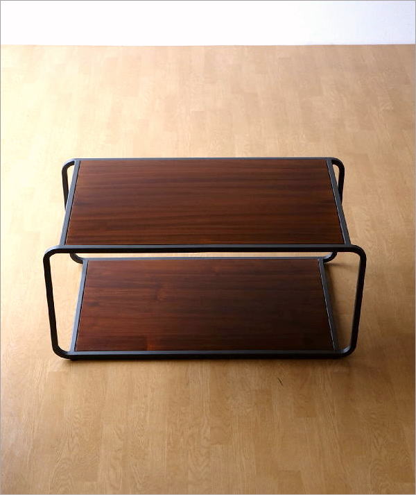 ローテーブル チーク材 木製 天然木 無垢材 棚付き 角丸 幅100 奥行55