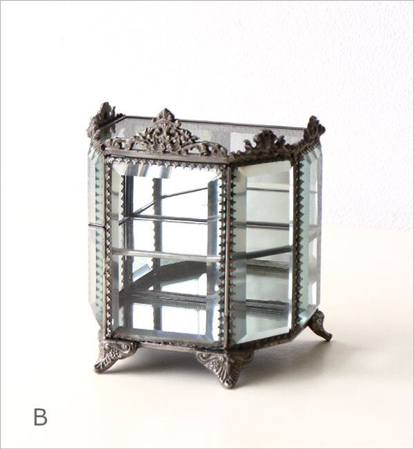 ガラスケース 真鍮 アンティーク 扉付き 小物収納ケース ミラー 2段 棚