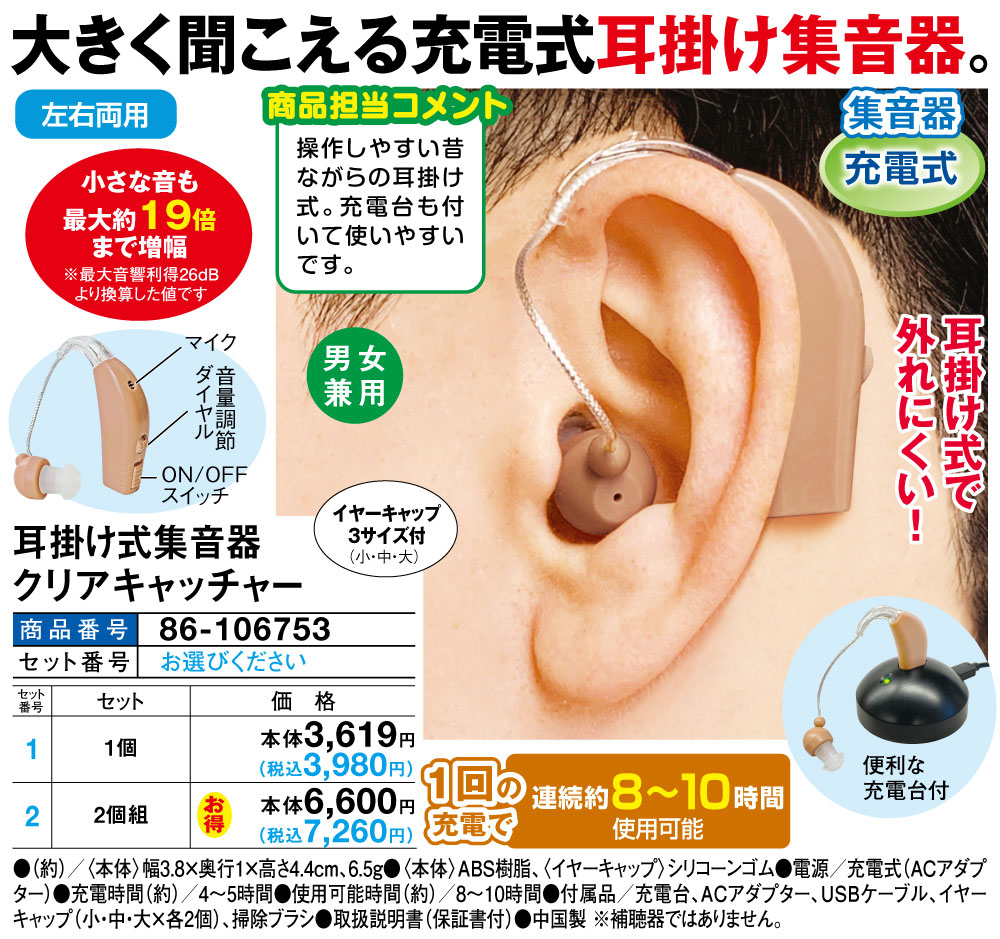 耳掛け式集音器 クリアキャッチャー(1個): 生活雑貨・家電／はぴねすくらぶ