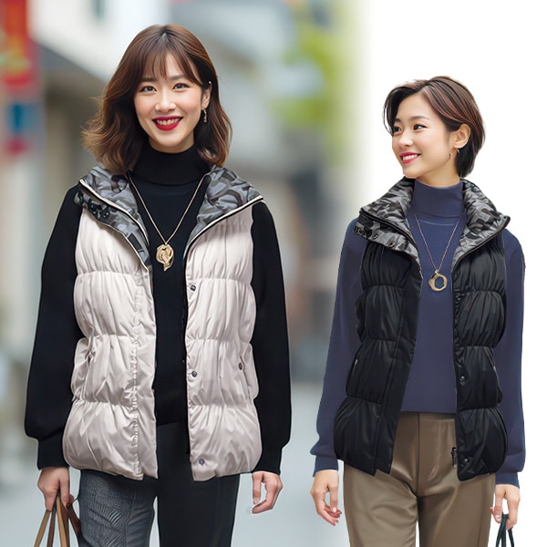 英字柄リバーシブルダウンベスト(M ライトグレー): レディース