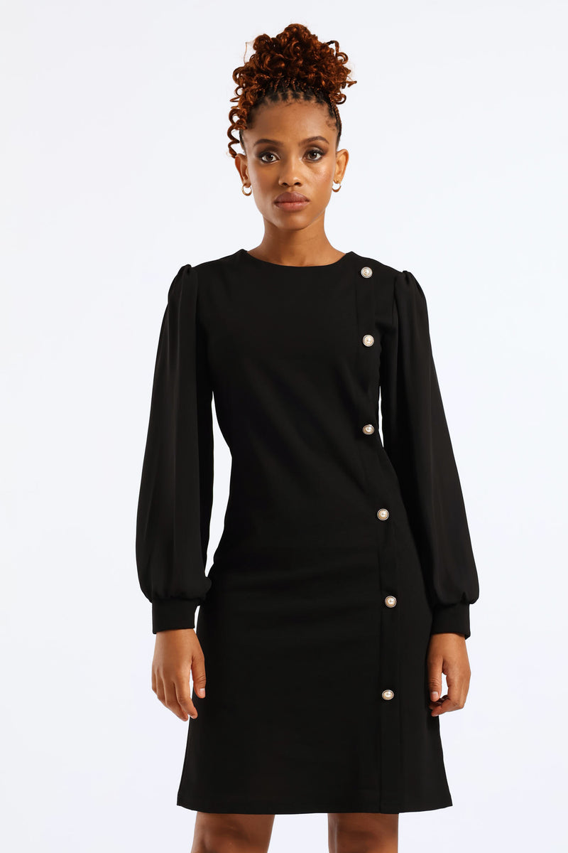 Ladies Side Button Through Knitwear Combo Dress - Black – Edgars