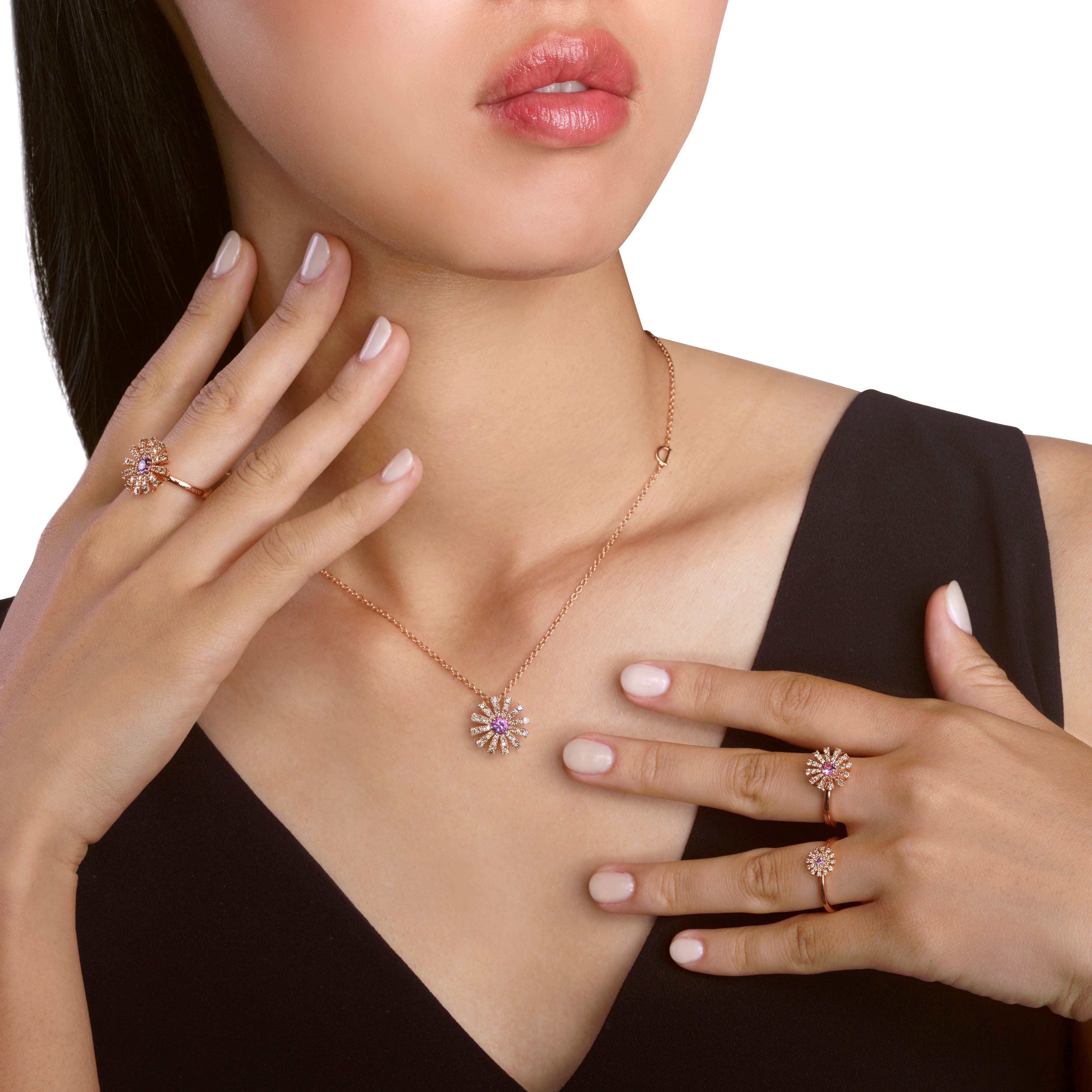 ピンクゴールド、ブラウンダイヤモンド、アメシスト ネックレス 16mm