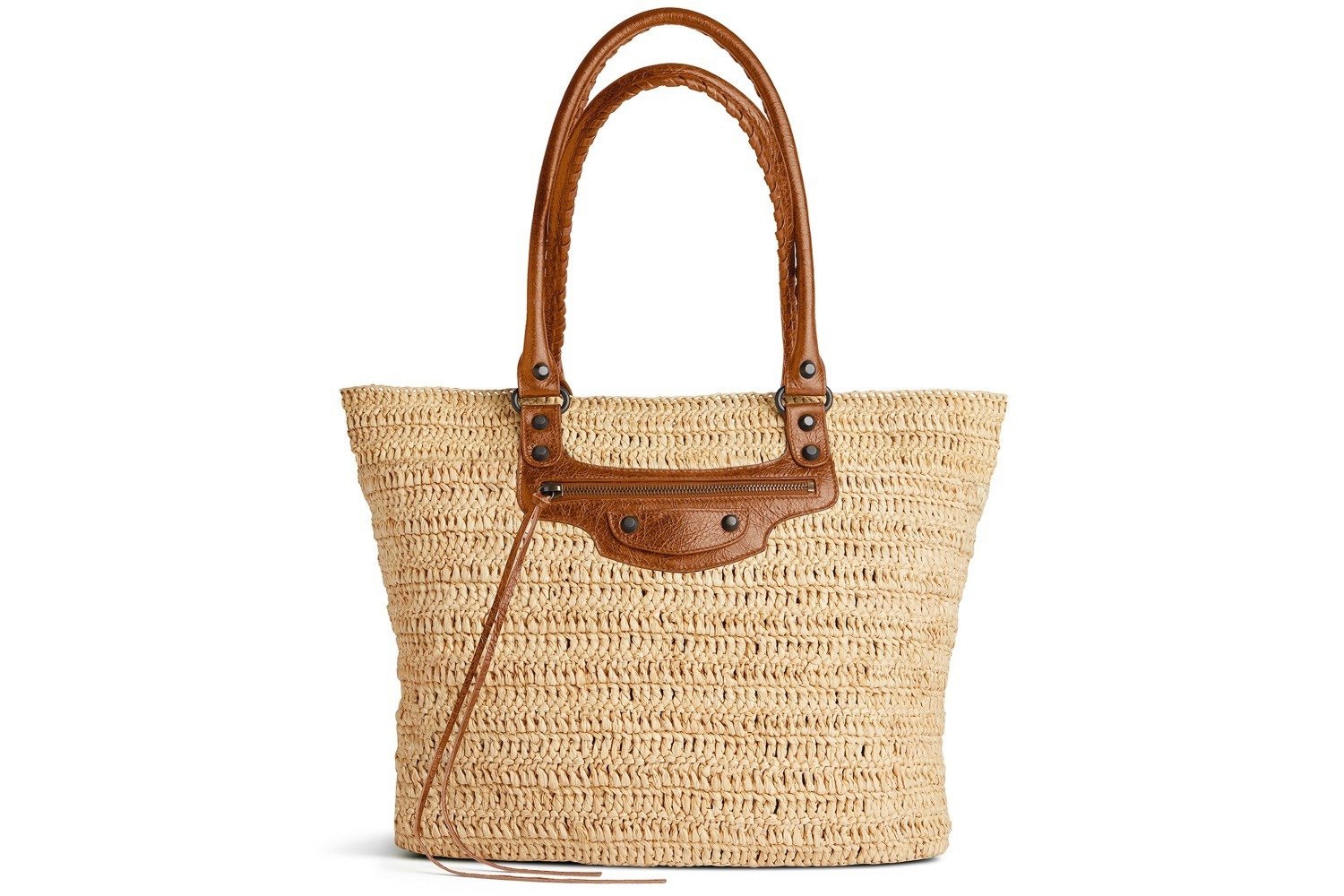 バレンシアガ「ル・シティ」バッグ、天然ラフィアの編み込みボディに
