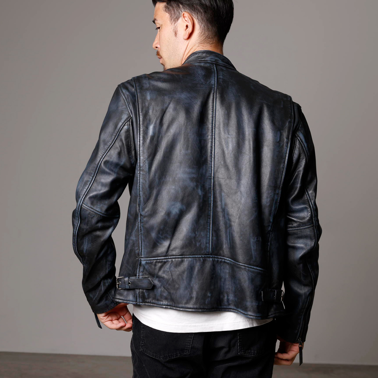 Mo-Laws ラム革 アンティーク加工 シングルライダースジャケット